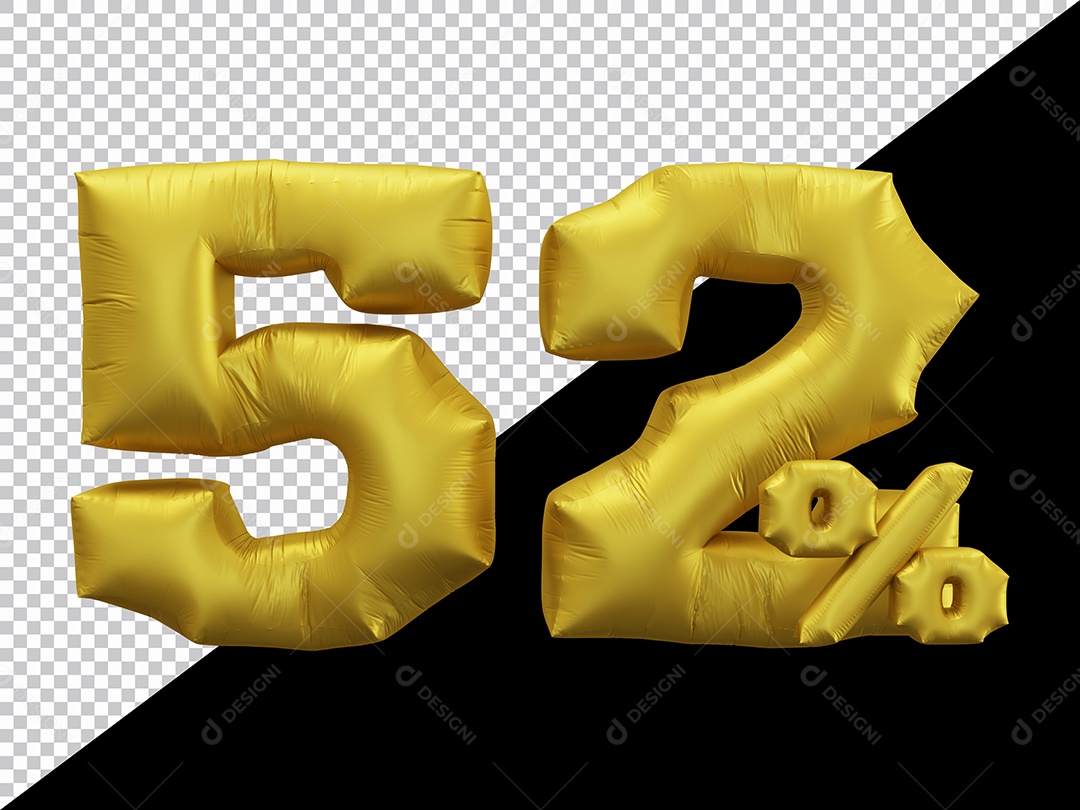 Balão 3D Número 52% por cento Dourado Elemento Para composição PSD