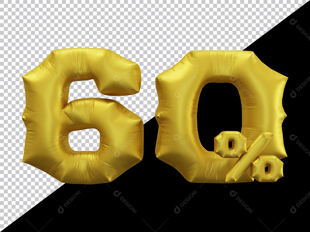 Balão 3D Número 60% por cento Dourado Elemento Para composição PSD