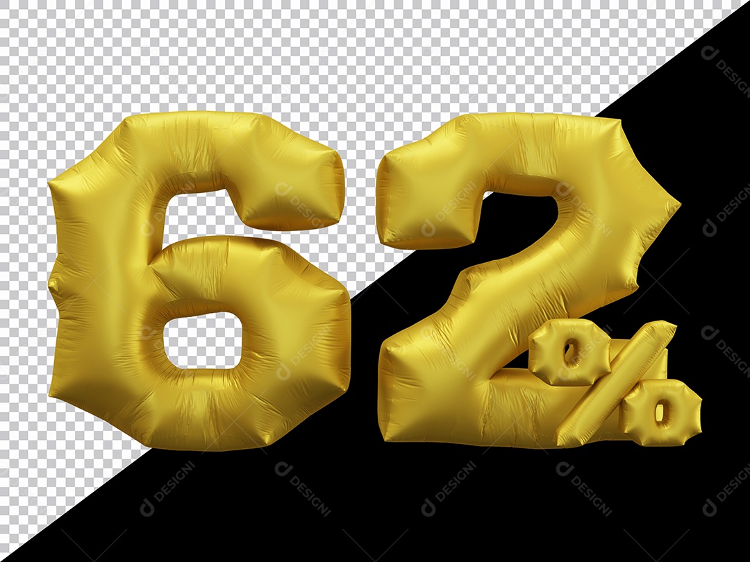 Balão 3D Número 62% por cento Dourado Elemento Para composição PSD