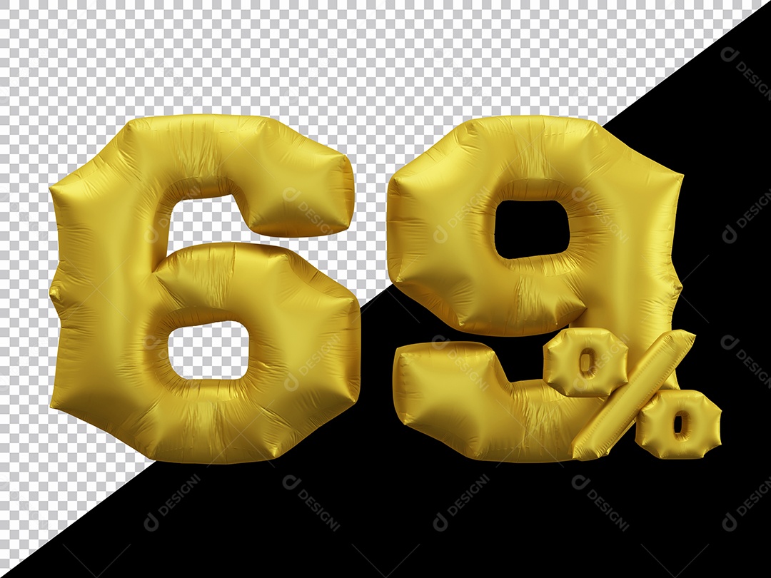 Balão 3D Número 69% por cento Dourado Elemento Para composição PSD