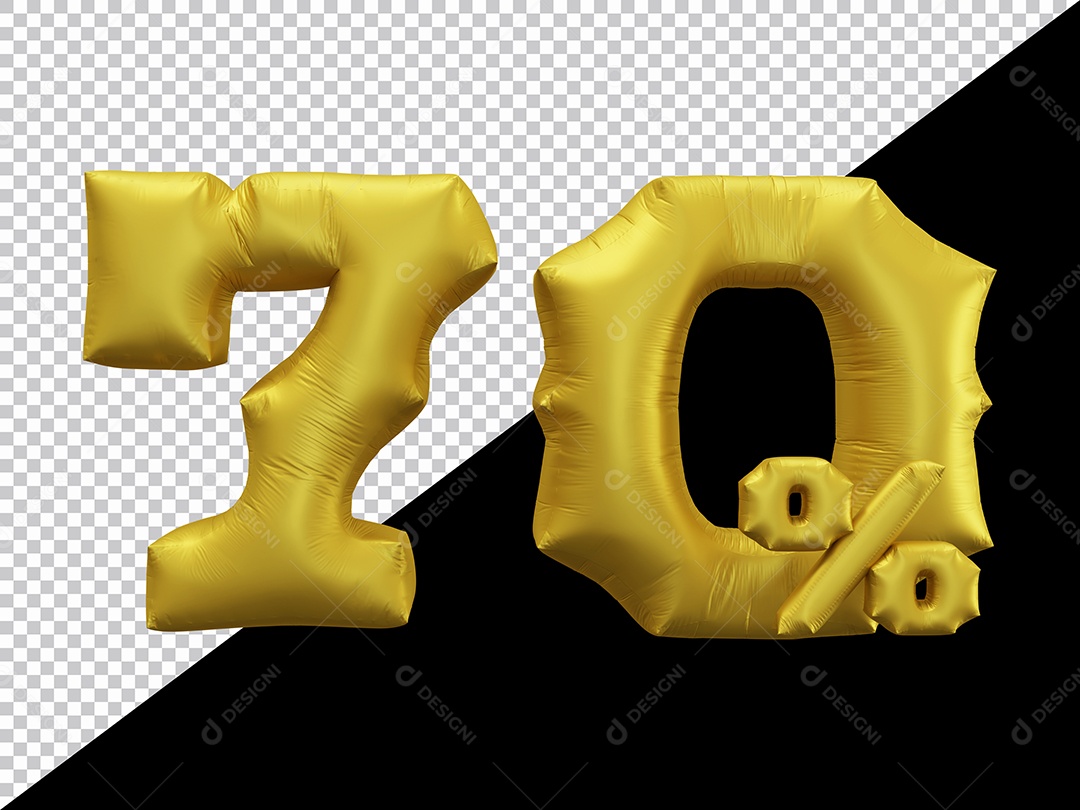 Balão 3D Número 70% por cento Dourado Elemento Para composição PSD