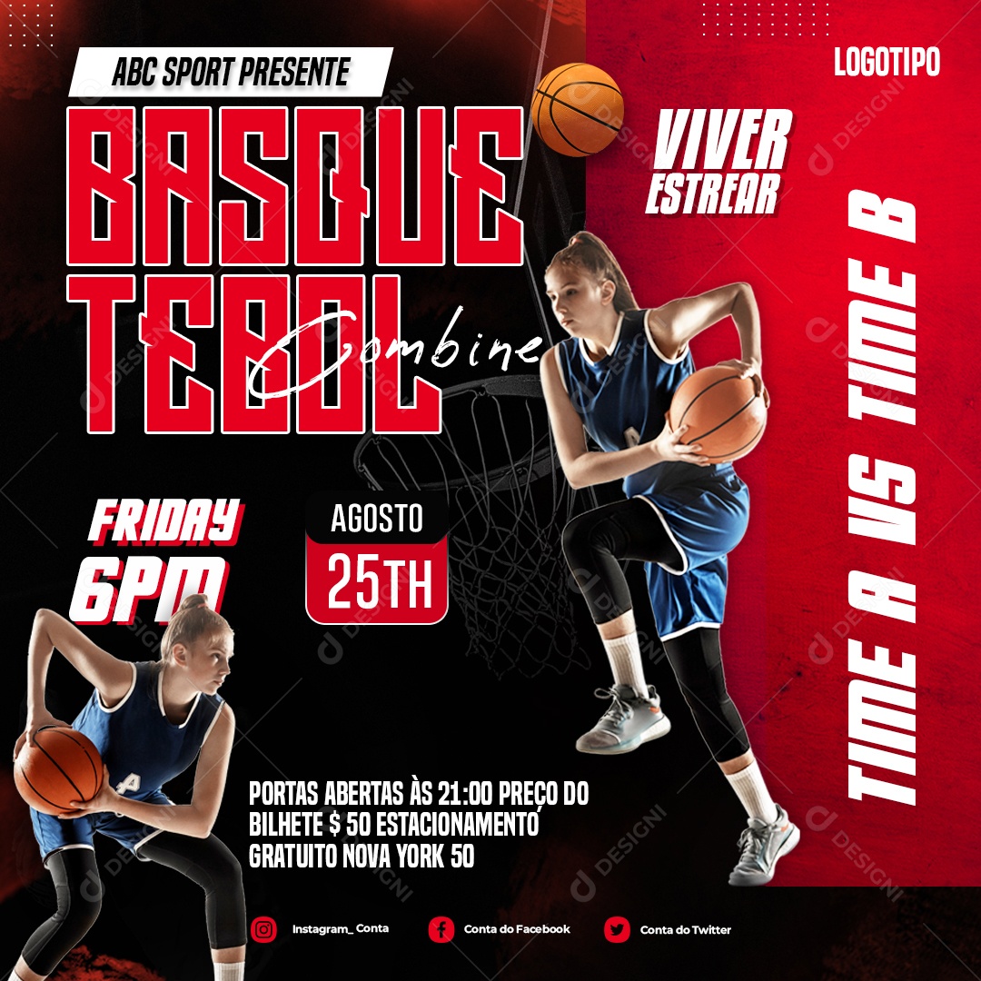 Social Media Esporte Basquetebol ABC Sport Presente PSD Editável