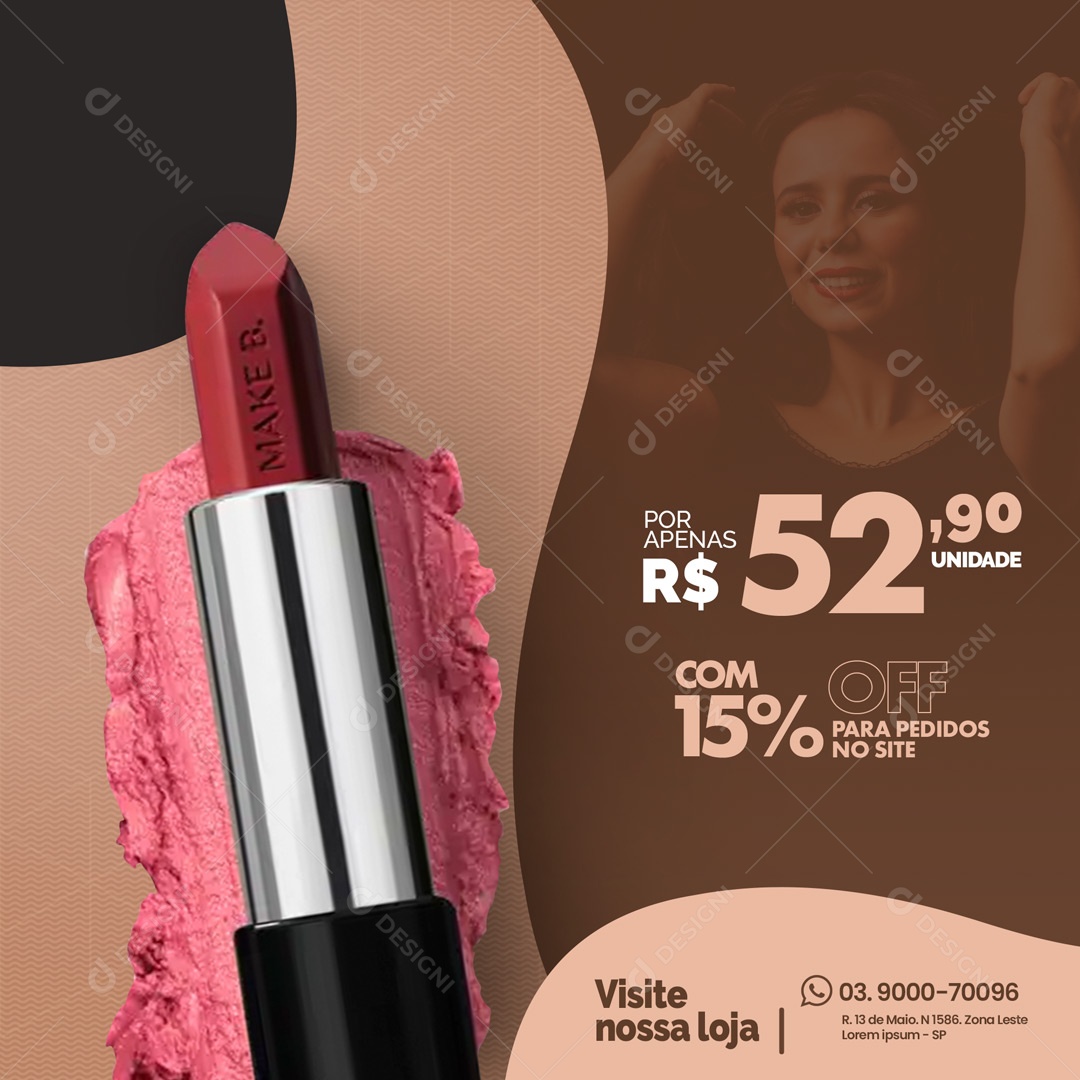 Para Pedidos no Site 15% Off Maquiagem Make Up Social Media PSD Editável