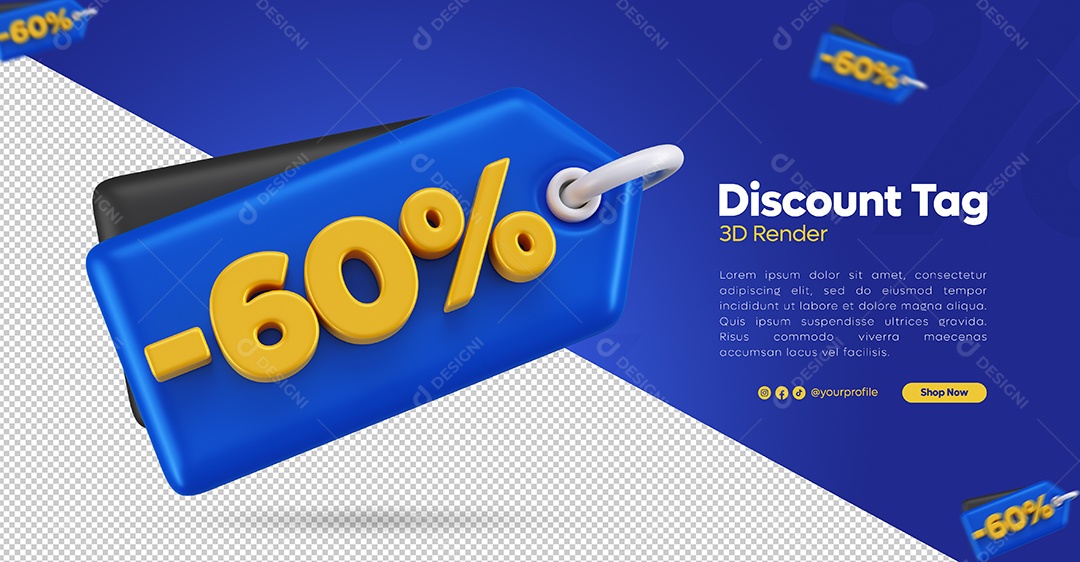 Tag de Desconto -60% Amarelo e Azul Elemento 3D Para Composição PSD