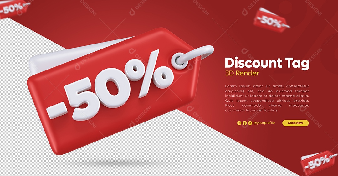 Tag de Desconto -50% Branco e Vermelho Elemento 3D Para Composição PSD
