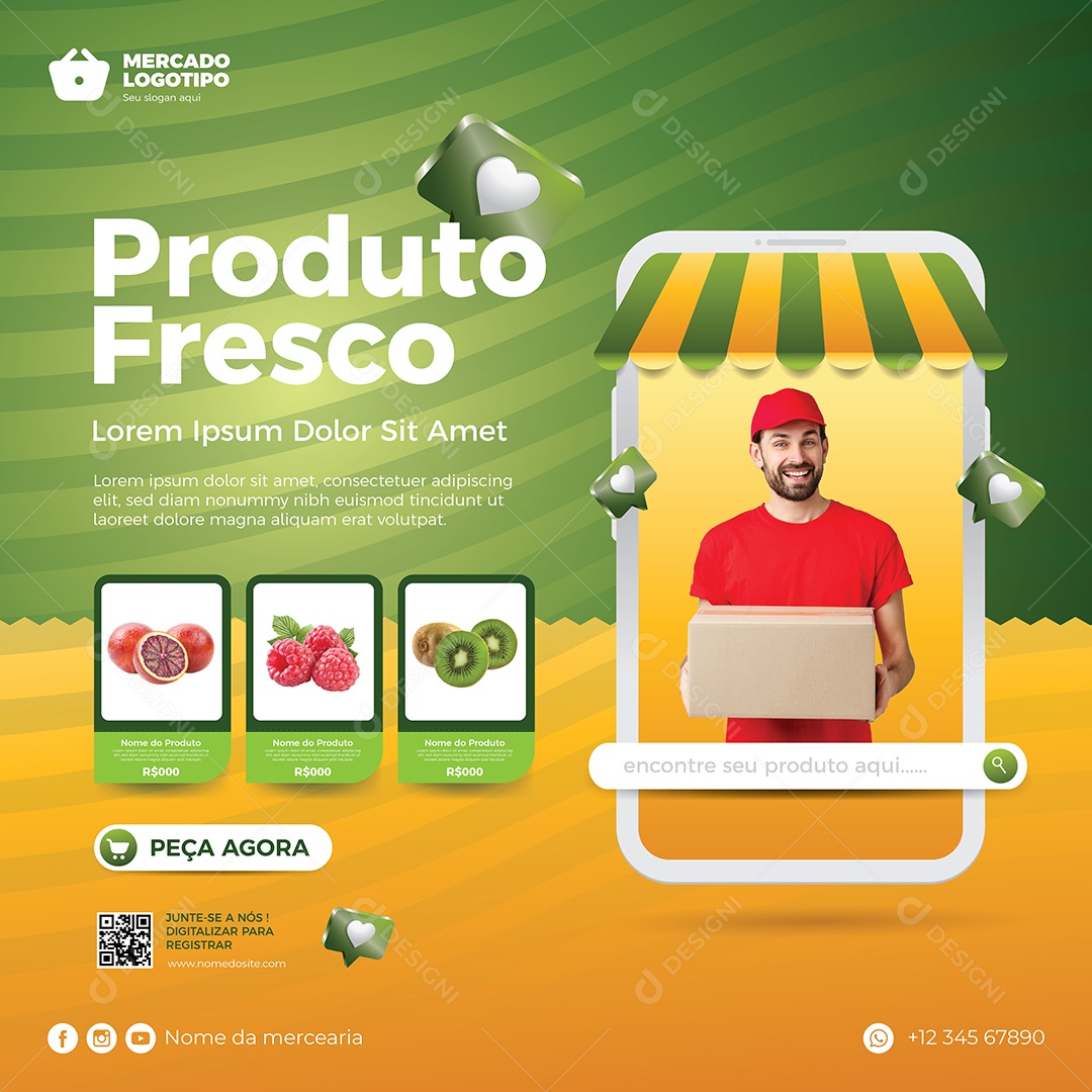 Social Media Hortifruti Produto Fresco Peça Agora Vetor EPS Editável