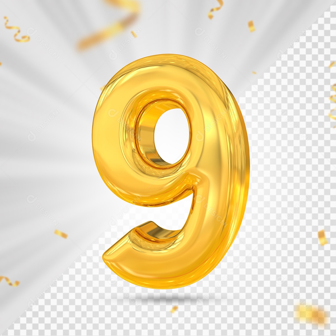 Número 9 Dourado Elemento 3D Para composição PSD