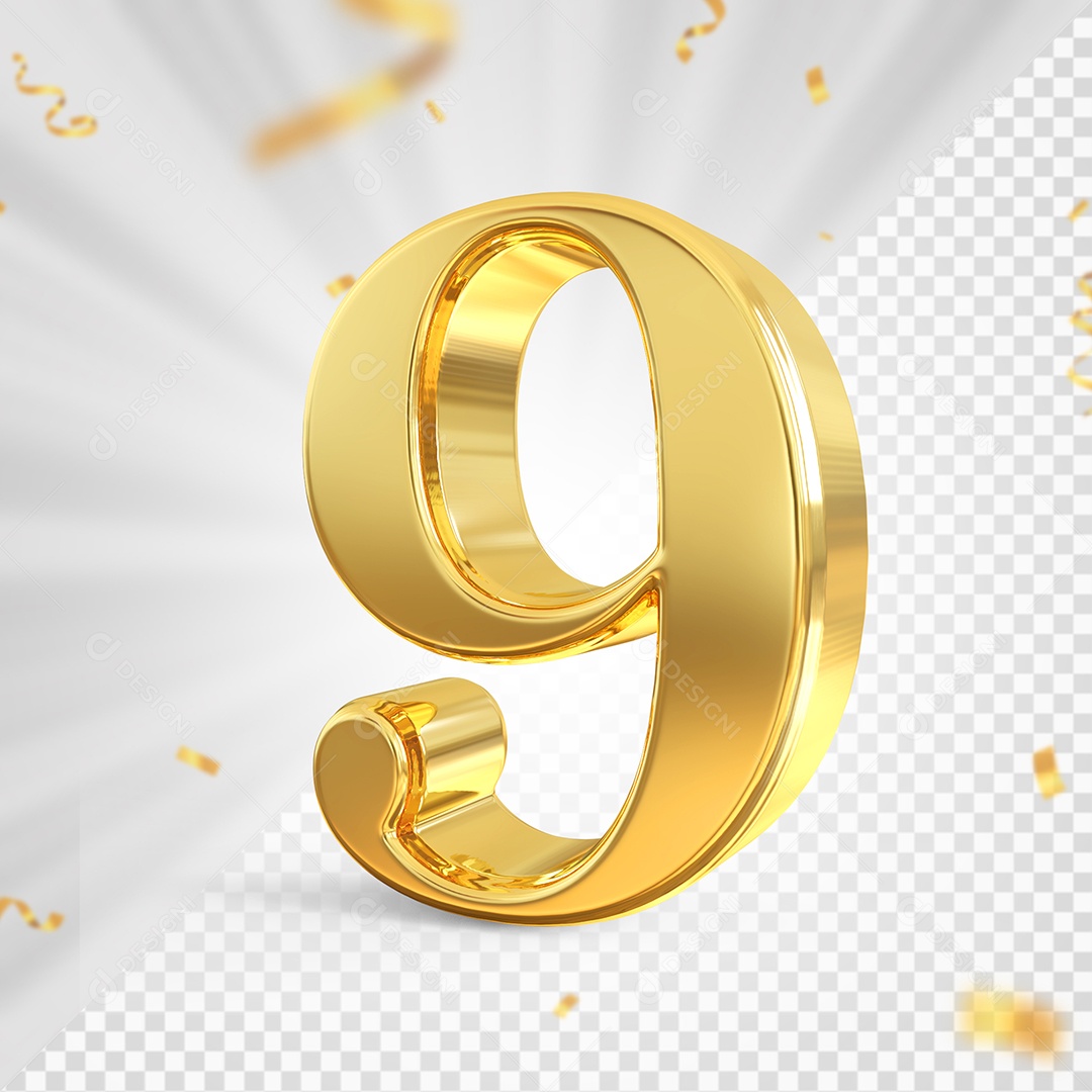 Número 9 Dourado Elemento 3D Para composição PSD