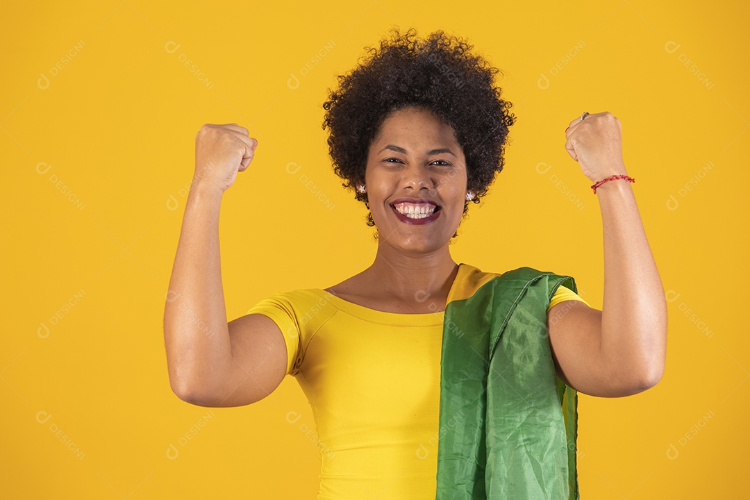 Brazilian fan. Brazilian woman fan celebrating at football or football match