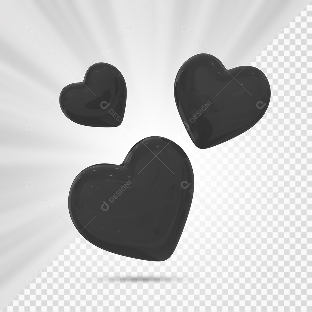 Corações Preto Elemento 3D para Composição PSD