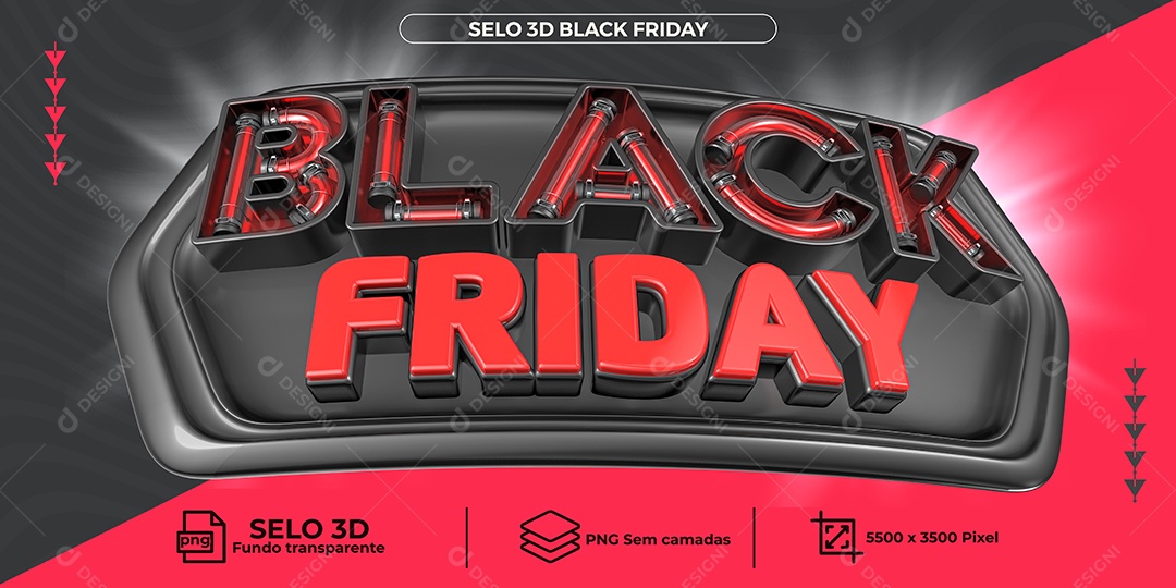 Black Friday Selo 3D Vermelho e Preto com Neon para Composição PNG Transparente