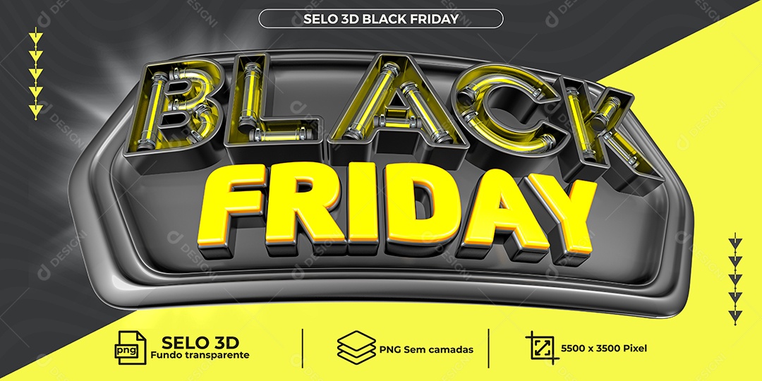 Black Friday Selo 3D Amarelo e Preto com Neon para Composição PNG Transparente