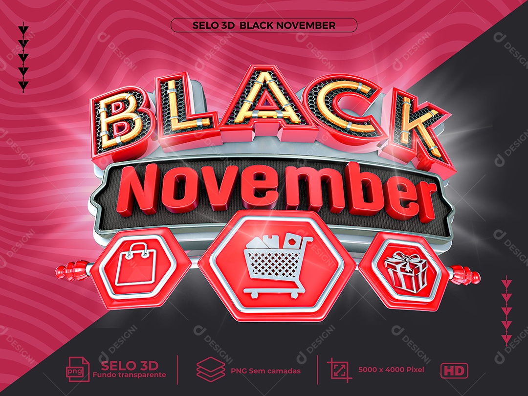 Black November Selo 3D Amarelo e Preto para Composição PNG Transparente