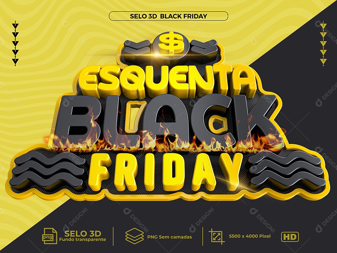 Esquenta Black Friday Selo 3D Amarelo e Preto para Composição PNG Transparente