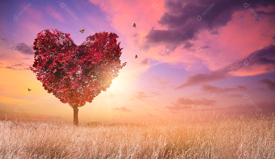 Árvore-coração amor pela natureza paisagem colorida ao pôr do sol
