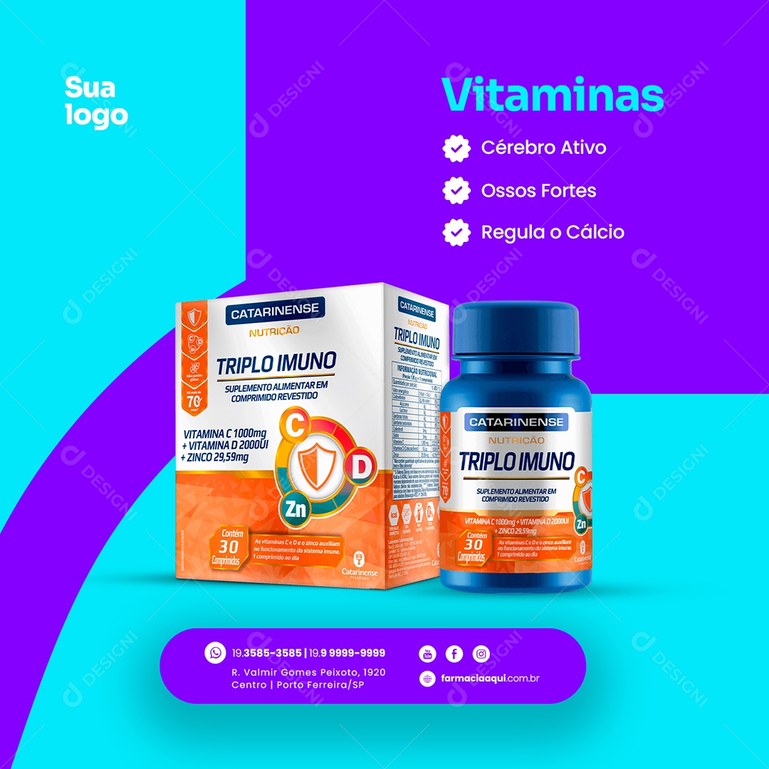 Vitaminas Cérebro Ativo Ossos Forte Regula o Cálcio Farmácia Social Media PSD Editável