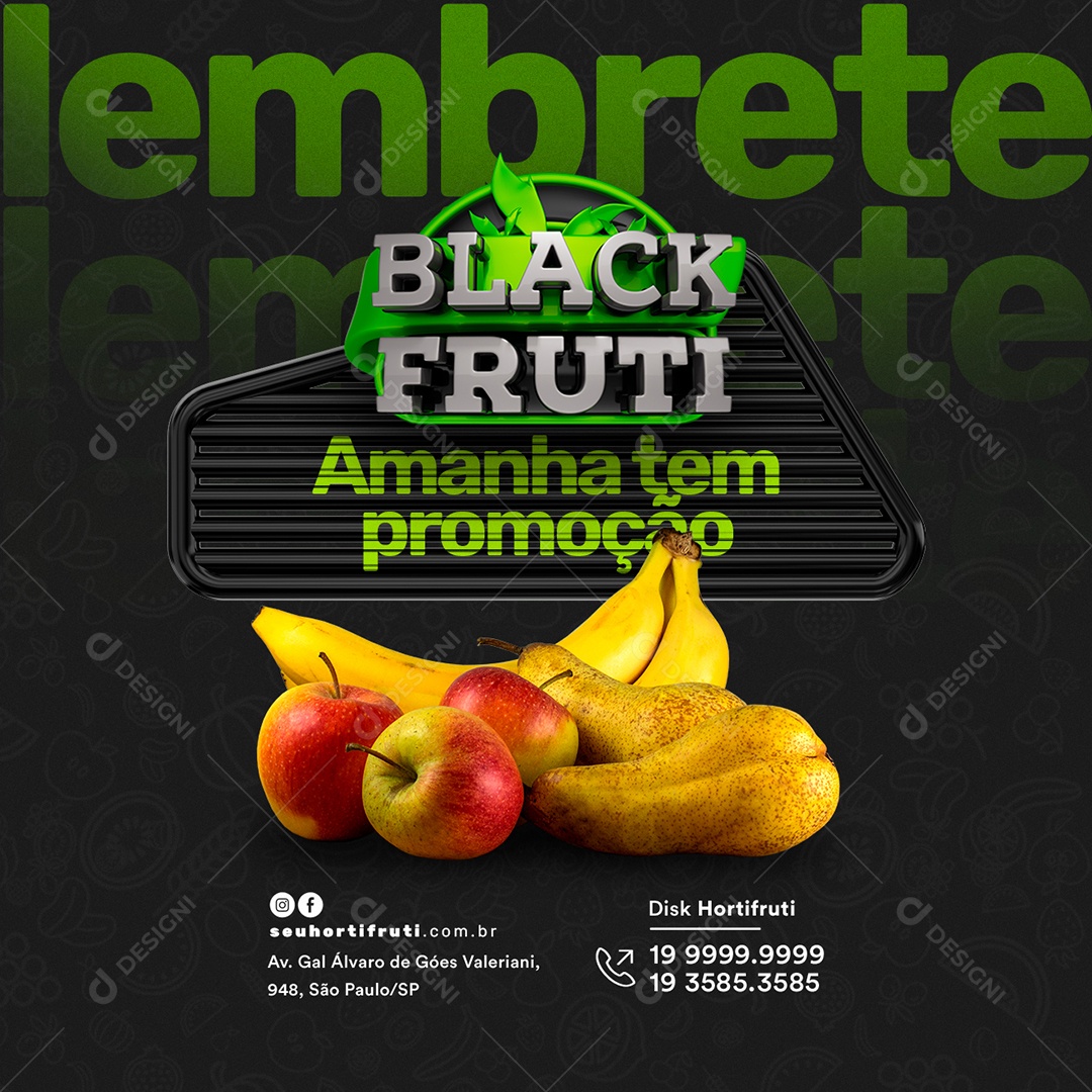 Lembrete Black Fruti Amanhã tem Promoção Hortifruti Social Media PSD Editável