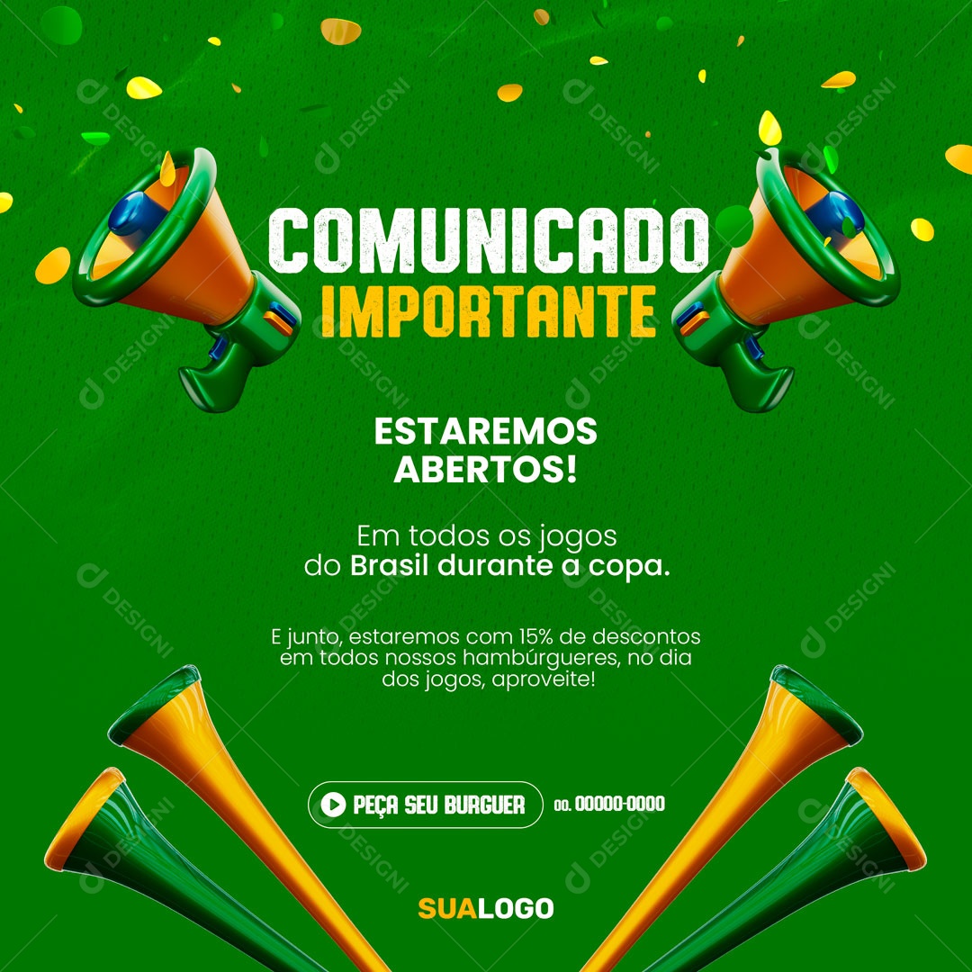 Comunicado Importante Estaremos Abertos! em Todos os Jogos do Brasil Durante a Copa Social Media PSD Editável