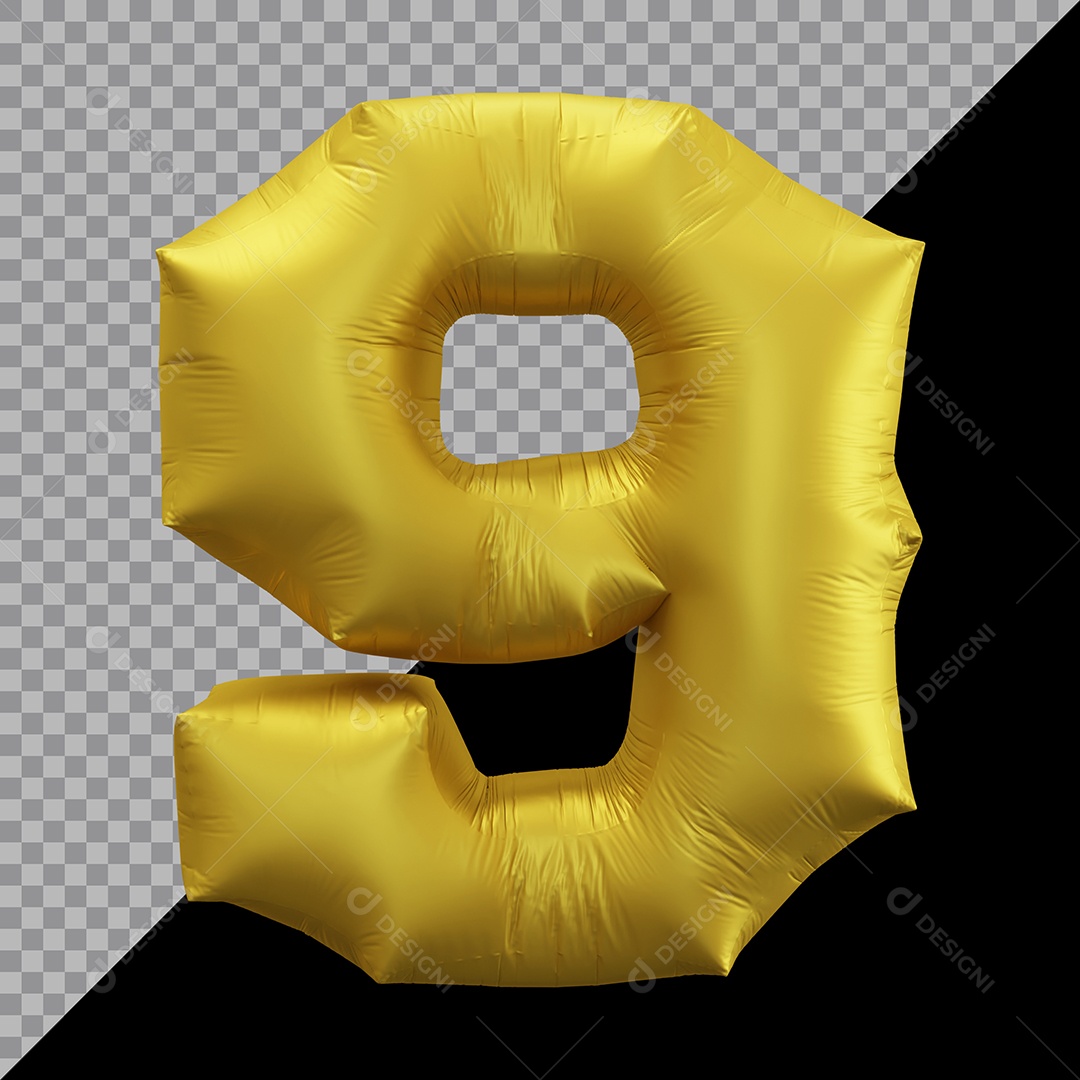Número 9 Balão Dourado Elemento 3D Para Composição PSD