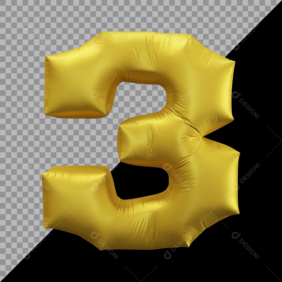 Número 3 Balão Dourado Elemento 3D Para Composição PSD