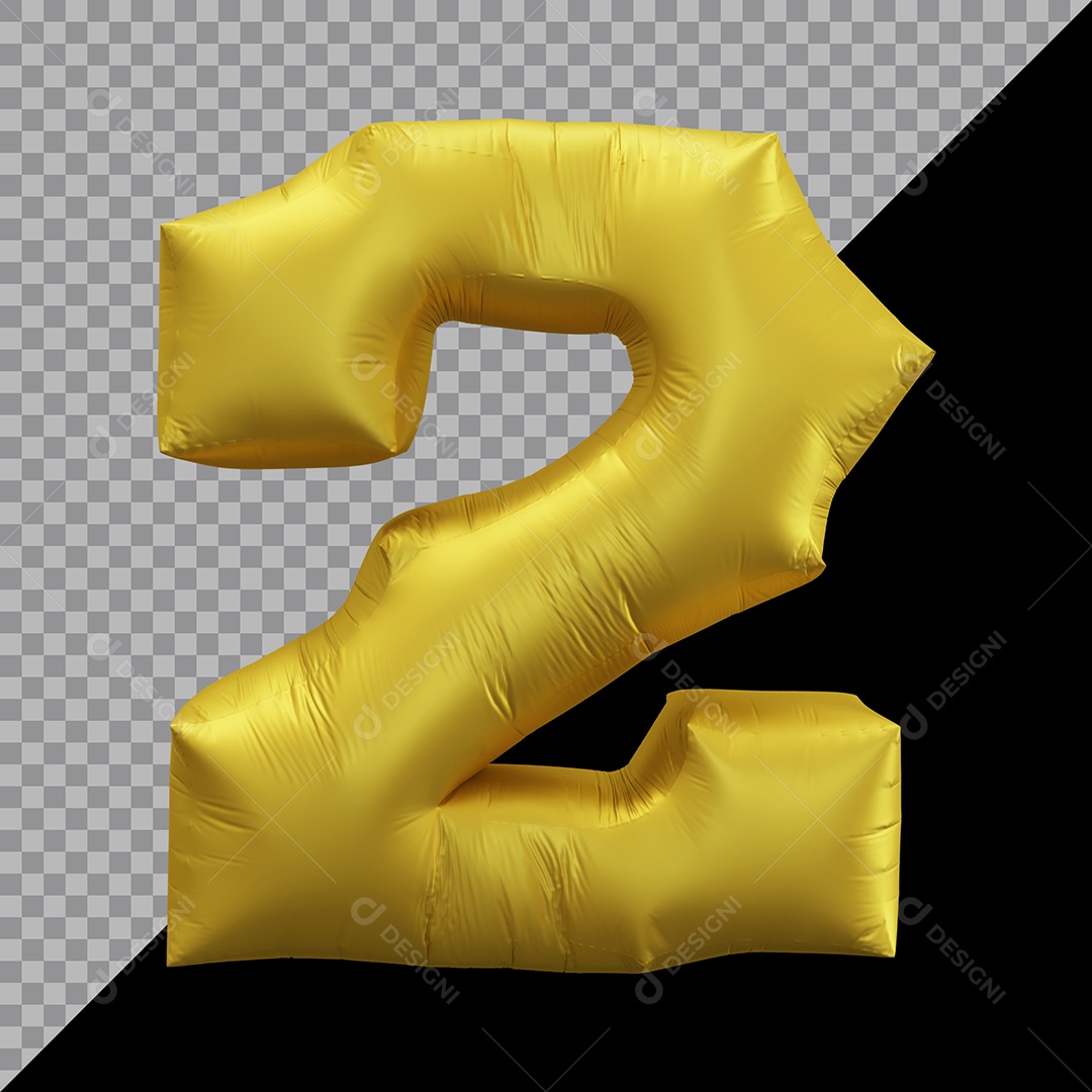 Número 2 Balão Dourado Elemento 3D Para Composição PSD