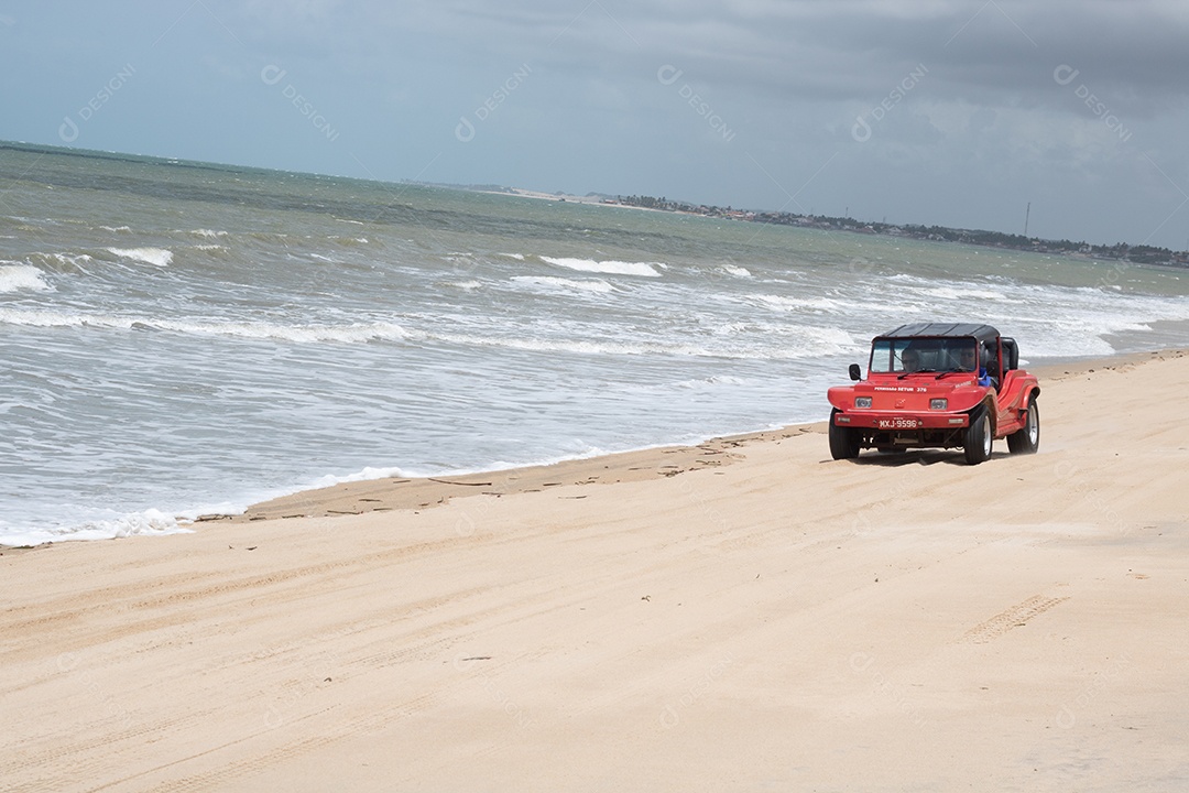 Young people riding in a car on the beach
