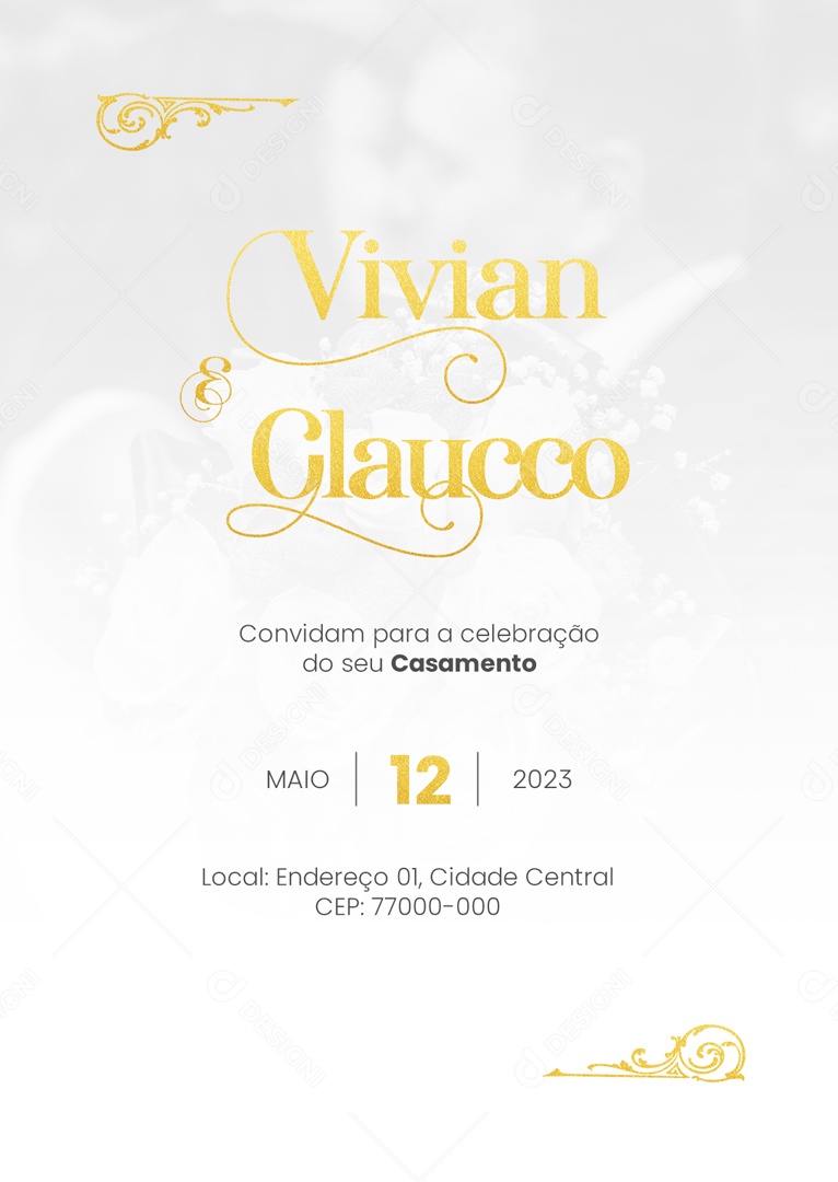 Modelo de Convite de Casamento Vivian e Glaucco Covindam para a Celebração PSD Editável