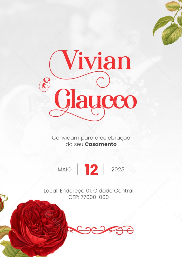 Modelo de Convite de Casamento Vivian e Glaucco Covindam para a Celebração PSD Editável