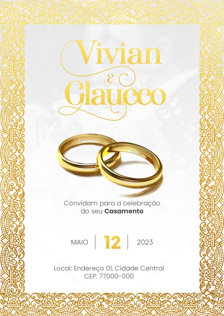 Modelo de Convite de Casamento Vivian e Glaucco Covindam para a Celebração PSD Editável