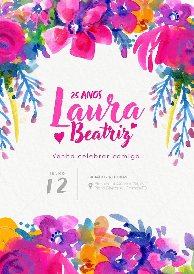 Modelo de Convite de Aniversário Venha Celebrar Comigo! PSD Editável