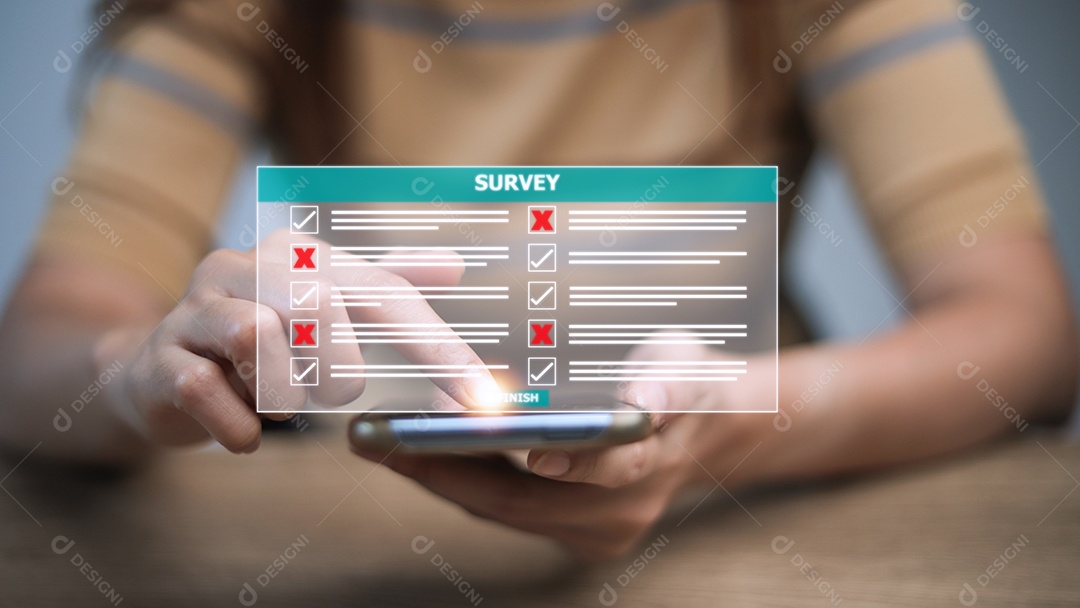 Conceito de formulário de pesquisa. Marcas de verificação na lista de verificação e Preenchimento online.