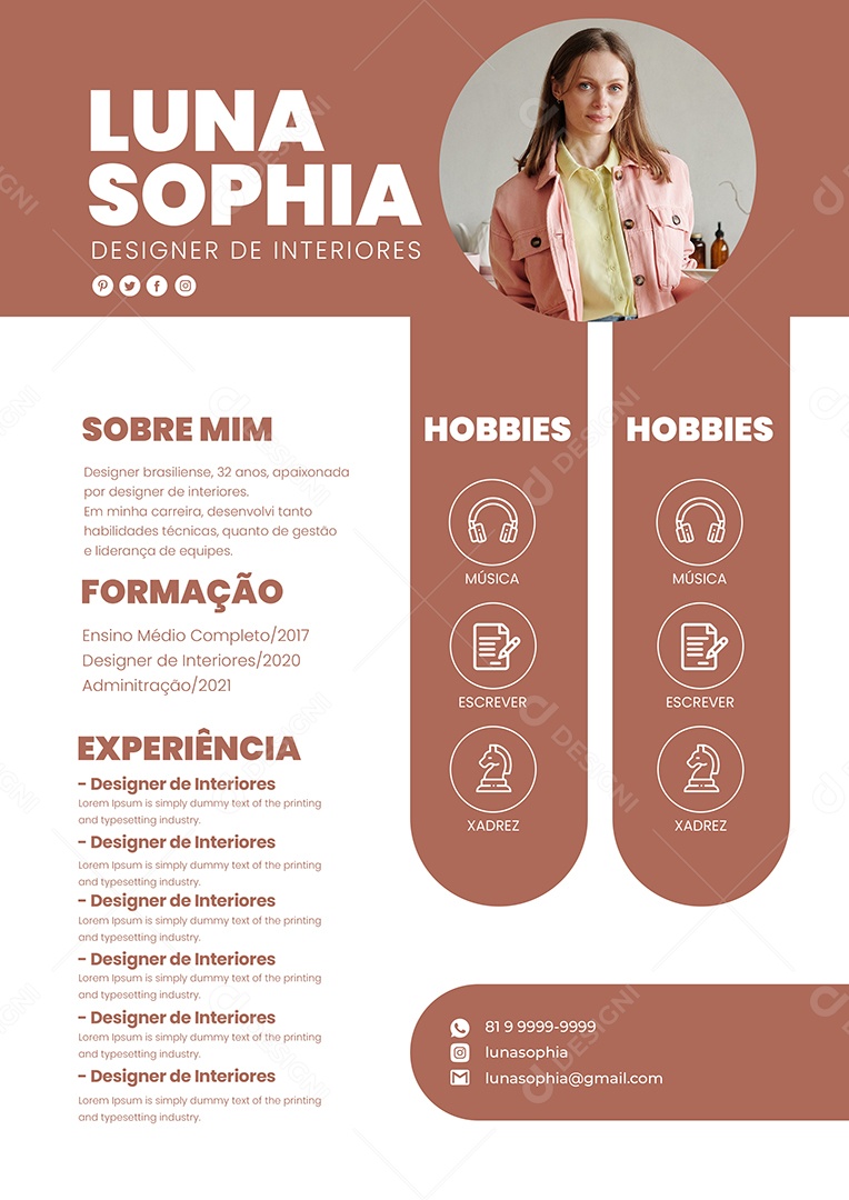 Modelo de Currículo Designer de Interiores PSD Editável