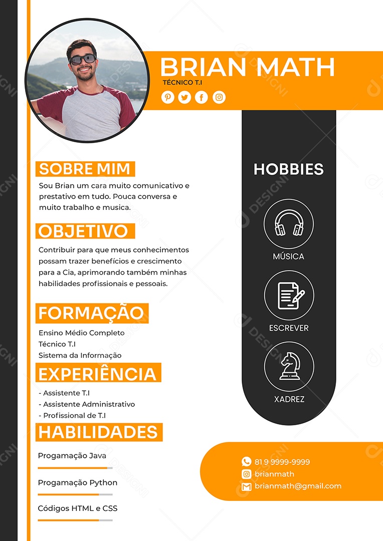 Modelo de Currículo Técnico T.I PSD Editável