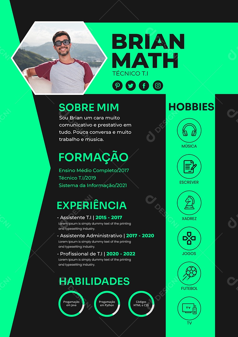 Modelo de Currículo Técnico T.I PSD Editável