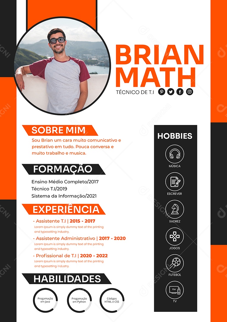 Modelo de Currículo Técnico T.I PSD Editável