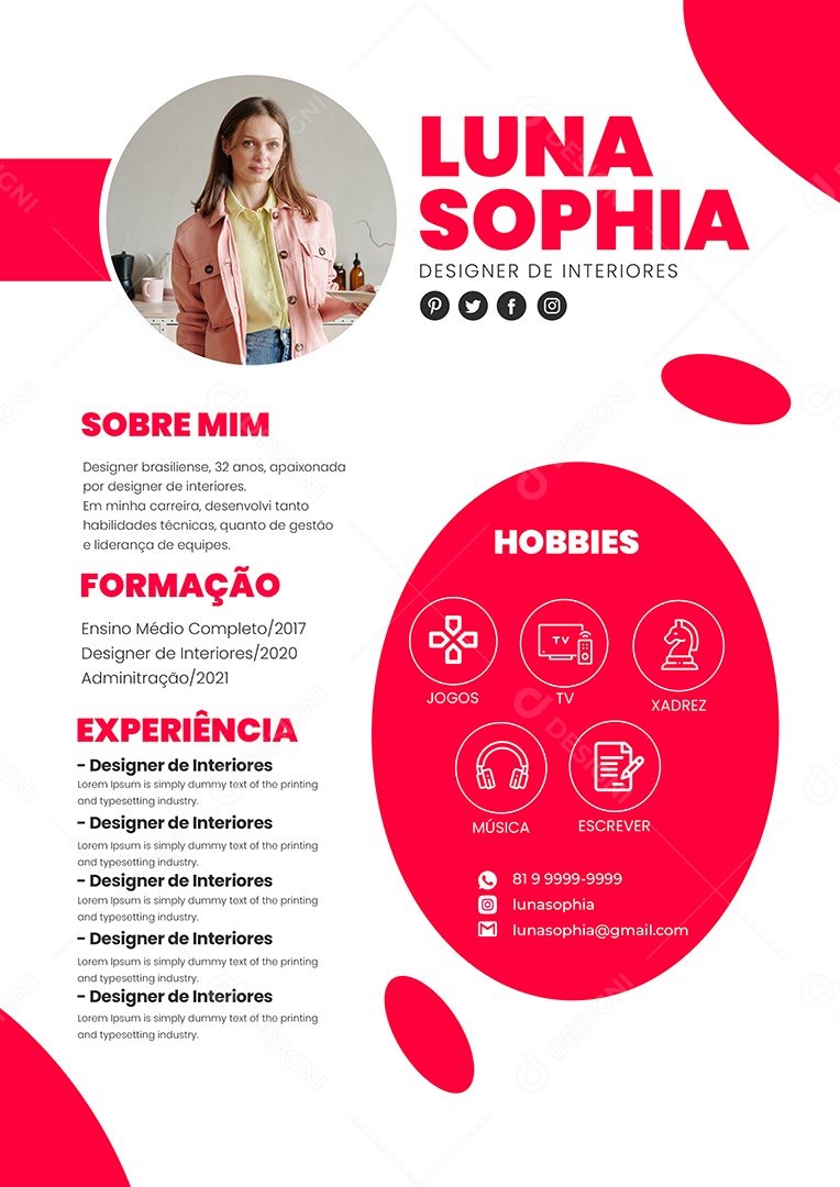 Modelo de Currículo Designer de Interiores PSD Editável