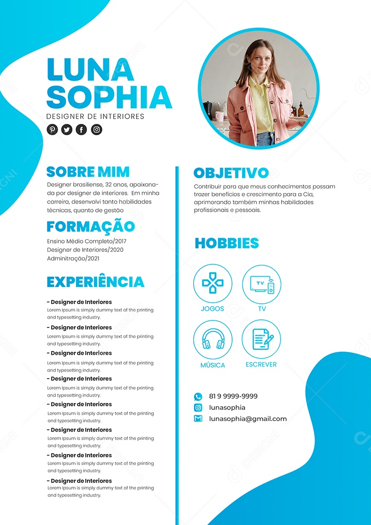 Modelo de Currículo Designer de Interiores PSD Editável