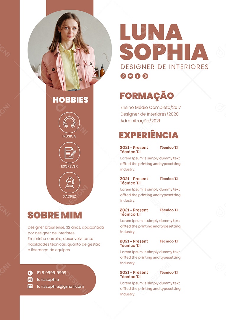 Modelo de Currículo Designer de Interiores PSD Editável