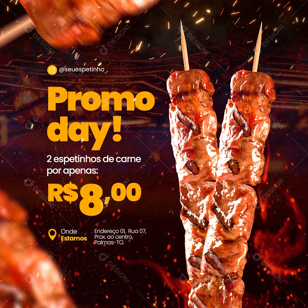 Promo Day 2 Espetinhos de Carne por Apenas 8,00 Social Media PSD Editável