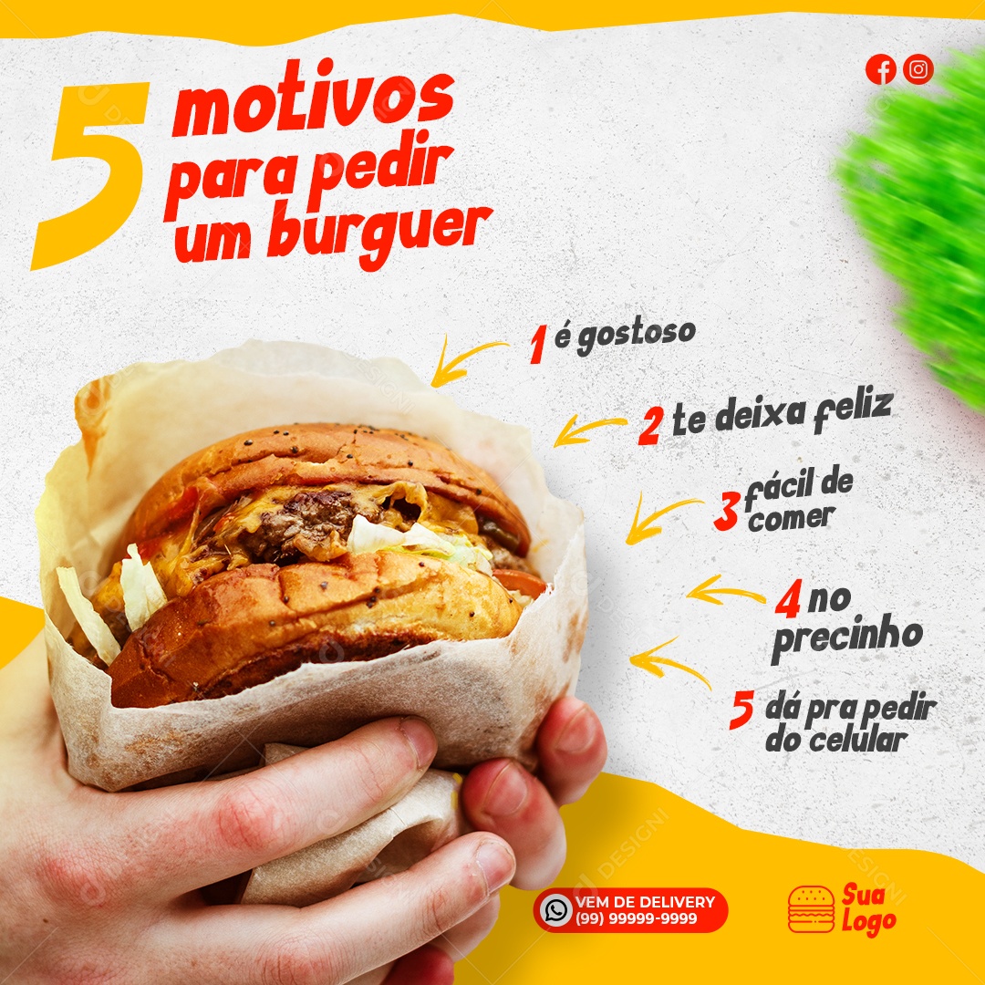 Post Hamburguer 5 Motivos Social Media PSD Editável