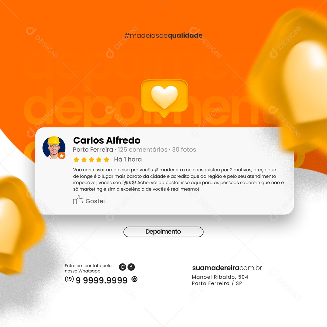 Feedback Depoimento Madeireira me Conquistou Social Media PSD Editável