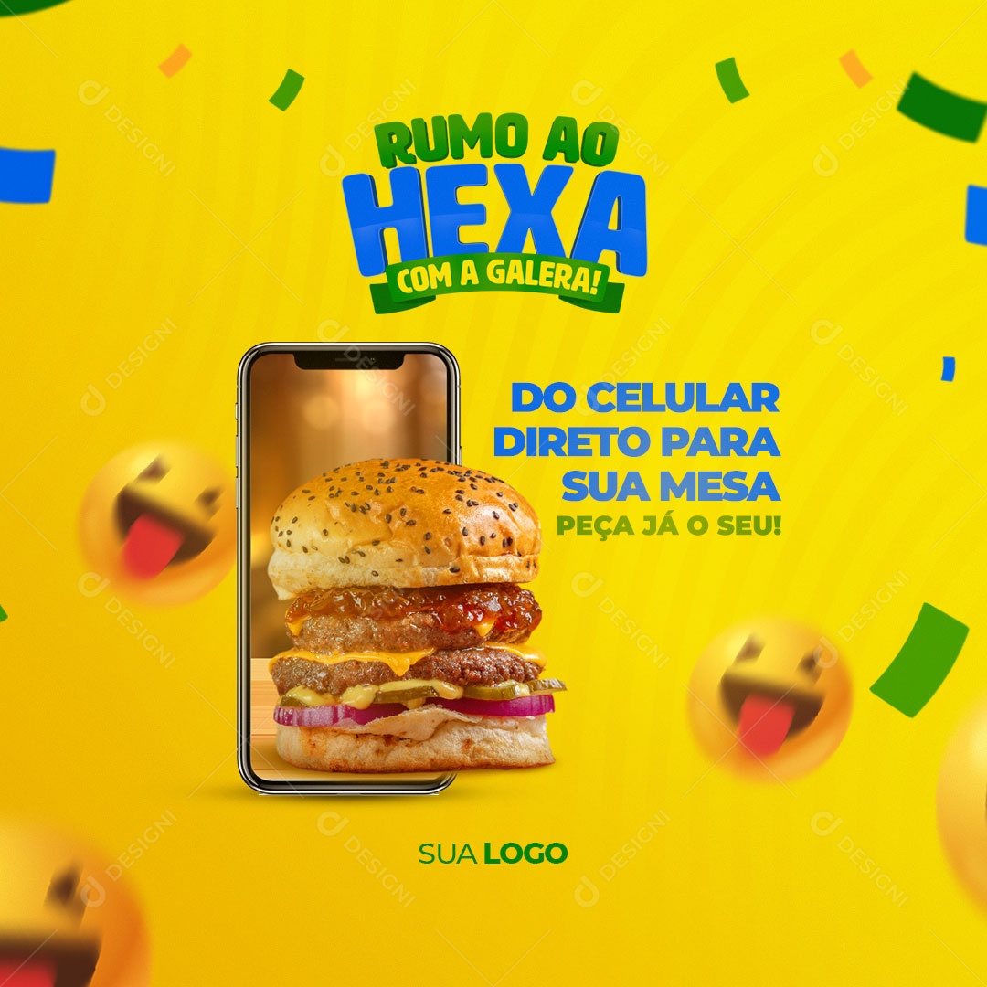 Do Celular Direto Para Sua Mesa Peça Já o Seu? Hambúrguer Hamburgueria na Copa Social Media PSD Editável