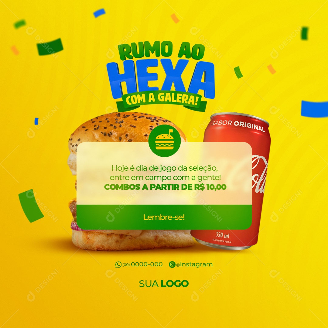 Lembrete Hoje é Dia de Jogo da Seleção, Combos na Promoção Hamburgueria na Copa Social Media PSD Editável