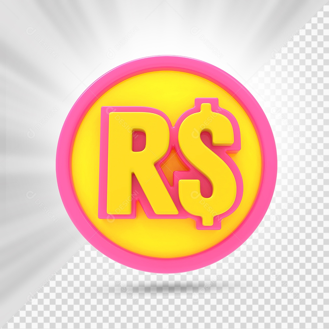 Moeda Real Amarelo e Rosa Elemento 3D para Composição PSD