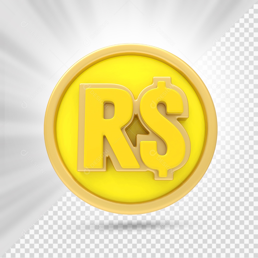 Moeda Real Amarelo e Dourado Elemento 3D para Composição PSD