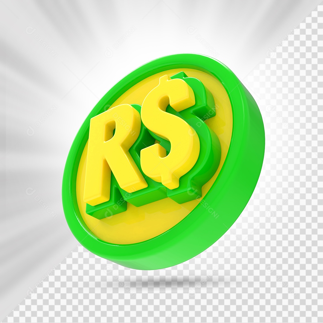 Moeda Real Amarelo e Verde Elemento 3D para Composição PSD