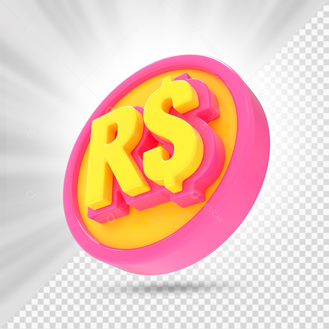 Moeda Real Amarelo e Rosa Elemento 3D para Composição PSD