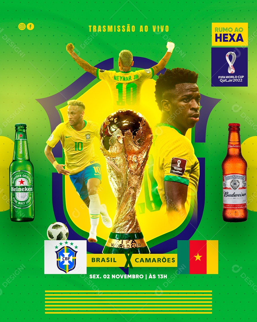 Transmissão ao Vivo Brasil x Camarões Futebol Copa do Mundo Social Media PSD Editável