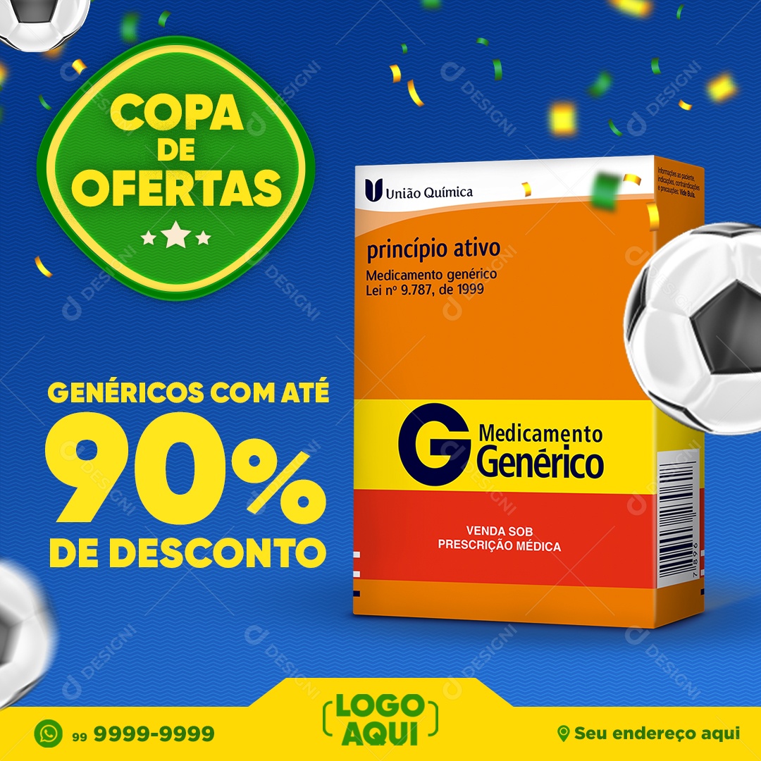 Farmácia Copa de Ofertas Genéricos Com Até 90% de Desconto Social Media PSD Editável