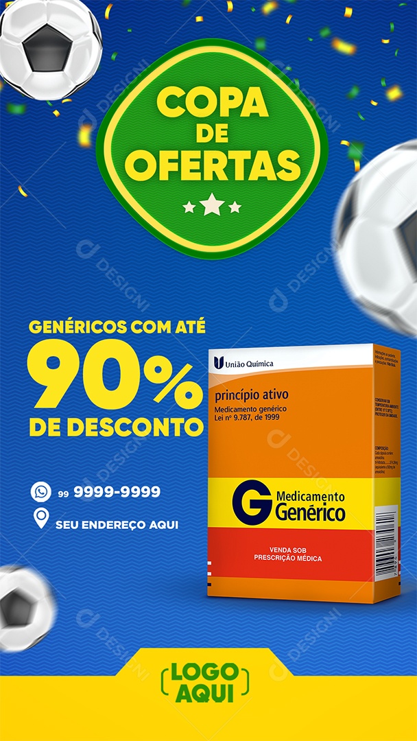 Story Farmácia Copa de Ofertas Genéricos Com Até 90% de Desconto Social Media PSD Editável